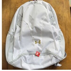 New UA Hustle 5.0 Team Backpack White Metallic Gold Sport Laptop School Shoe NWT